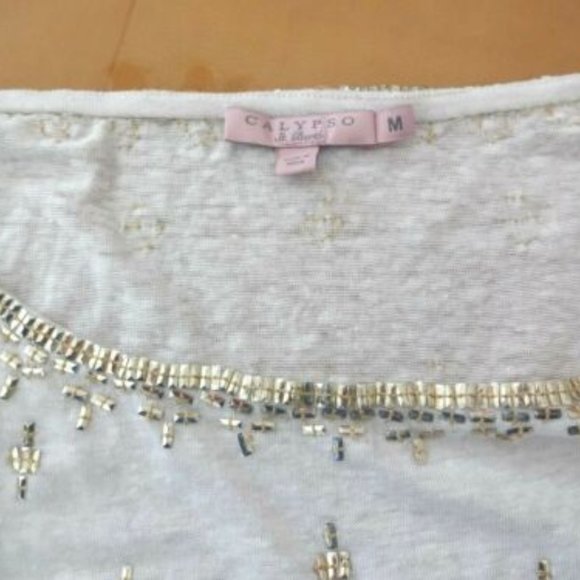 CALYPSO ST.BARTH WHITE YELLOW SEQUIN SHORT DOLMAN SLEEVE LINEN TUNIC TOP M - Picture 4 of 4